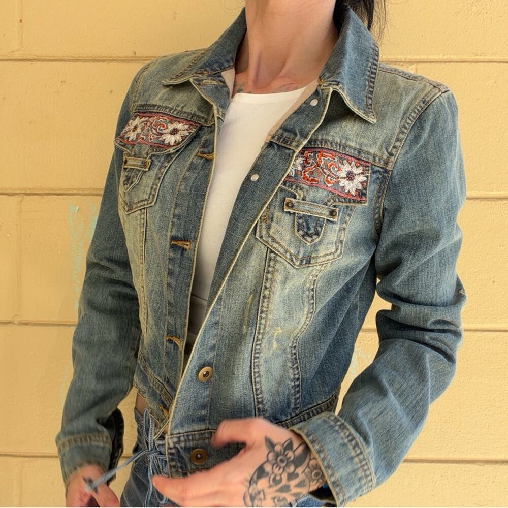 Y2K Cache McBling Denim Vest Floral Accents XS - Picture 2 of 9